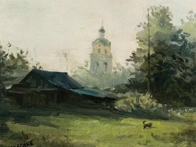 1871-Richard Jeschke - Vista su un prato e un fienile verso il campanile di una chiesa
